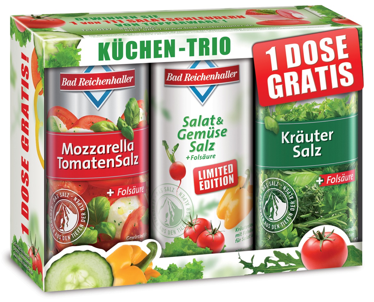 Bad Reichenhaller gibt frischem Salat und Gemüse die richtige Würze / &quot;Salat&amp;GemüseSalz&quot; für kurze Zeit erhältlich / Eine Dose gratis beim Kauf eines &quot;Küchen-Trios&quot; (mit Bild)