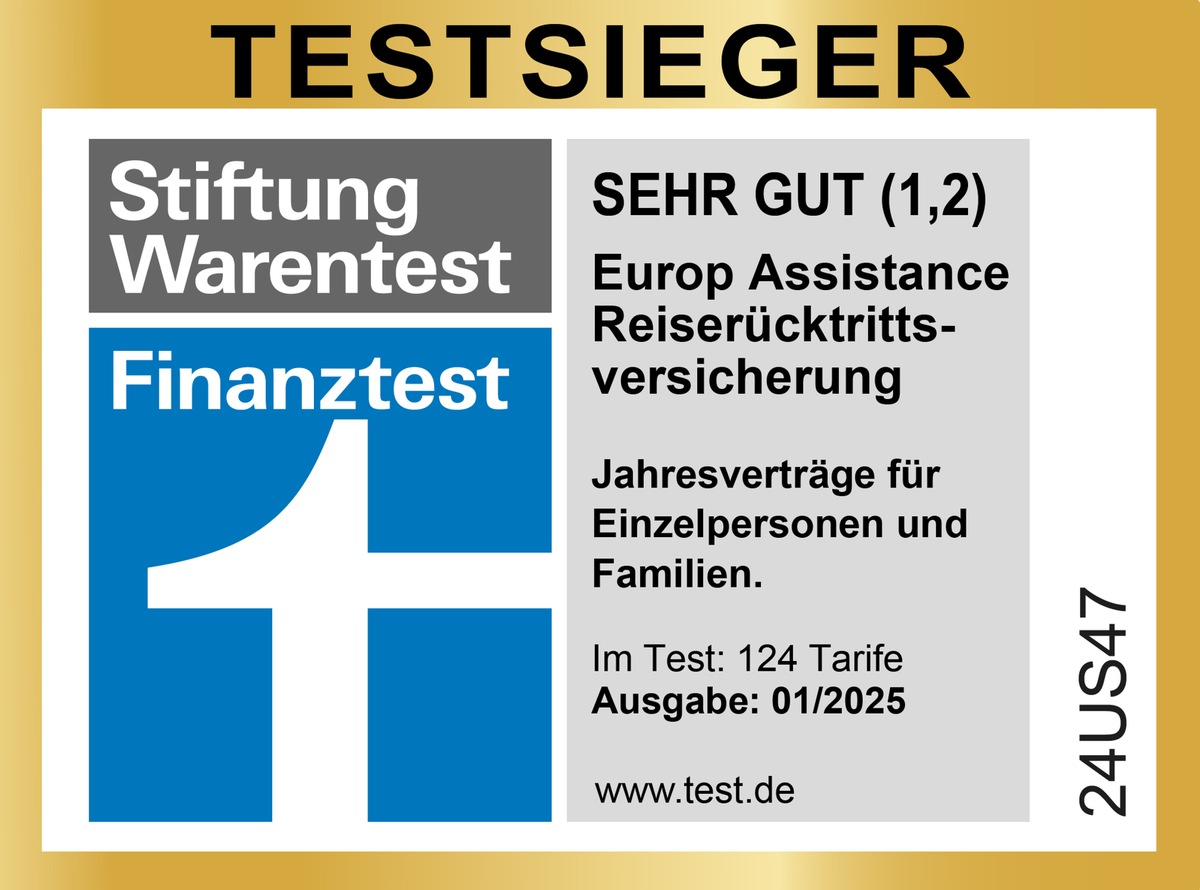 Europ Assistance zum fünften Mal in Folge Testsieger - Stiftung Warentest zeichnet Reiserücktrittsversicherung Jahresschutz mit SEHR GUT (1,2) aus