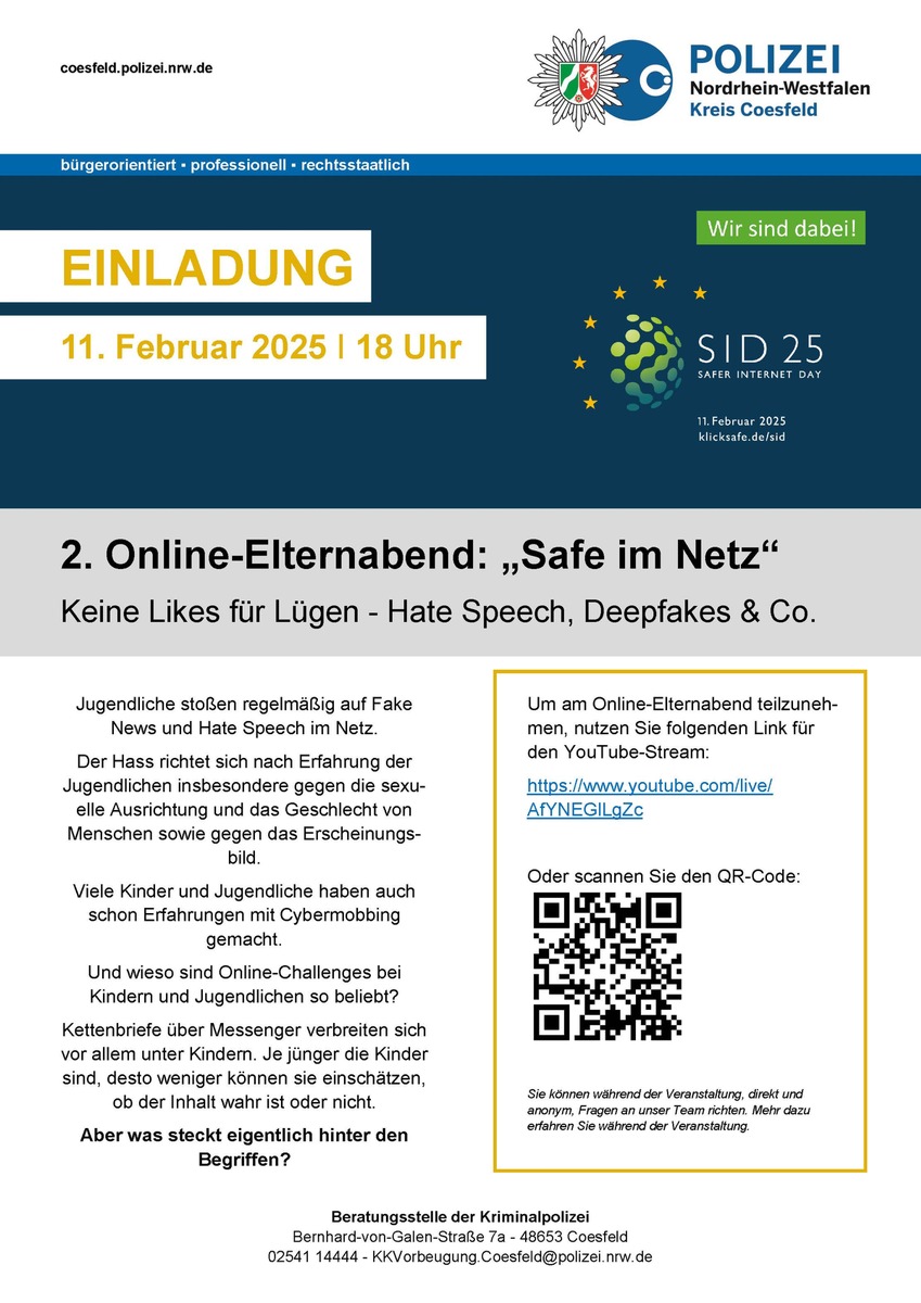 POL-COE: Kreis Coesfeld/Online-Elternabend der Beratungsstelle der Kriminalpolizei zum Safer Internet Day 2025