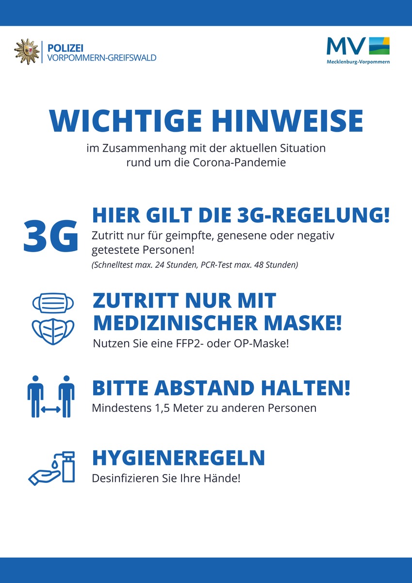 POL-ANK: Zugang zu den Dienststellen der Polizeiinspektion Anklam nur noch nach 3G-Regelung möglich