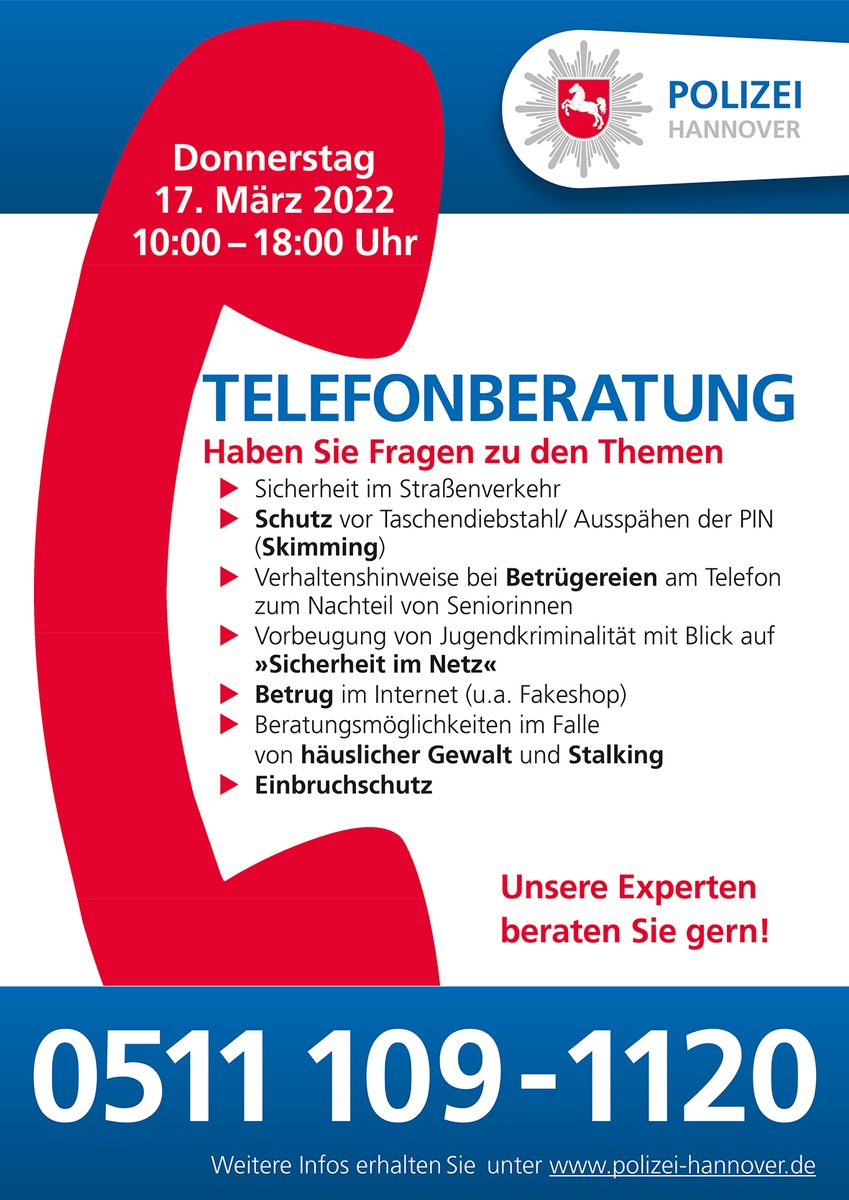 POL-H: Erinnerung - Präventionsangebot: Infotelefon am 17. März 2022