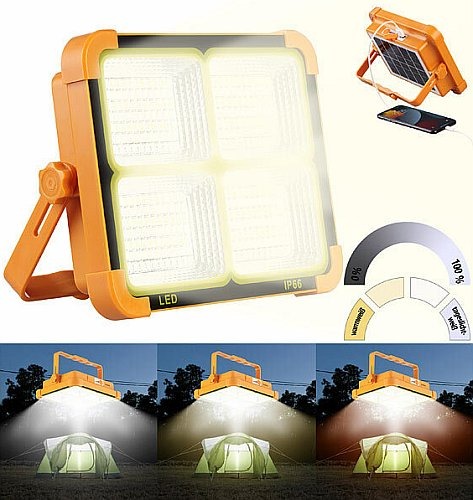 Luminea High-Power-LED-Strahler, Akku, Solar, 2392 lm, dimmbar, CCT, Powerbank - superhelles Licht für Baustelle, Werkstatt, Camping: lädt auch Mobilgeräte