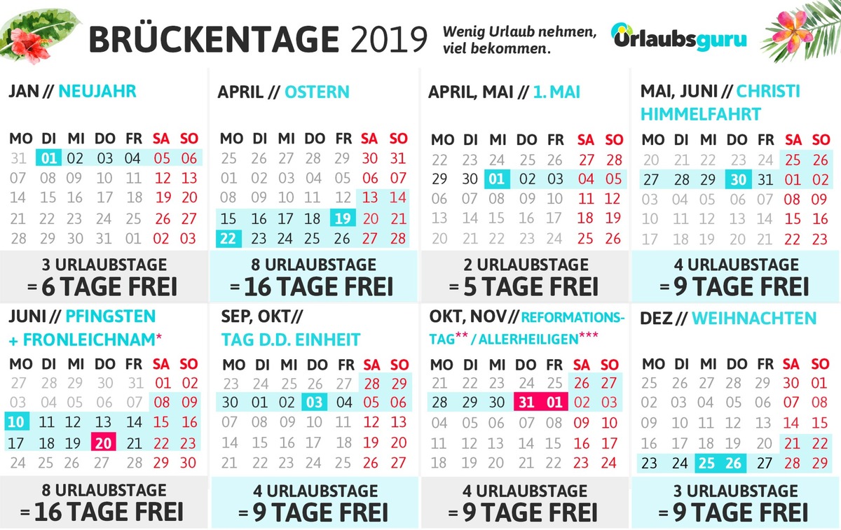 Brückentage 2019 planen mit Urlaubsguru