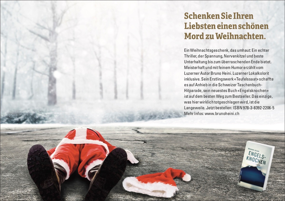 Schockwerbung: Deutscher Buchverlag wirbt in der Schweiz mit einem toten Samichlaus in ihrer Kampagne