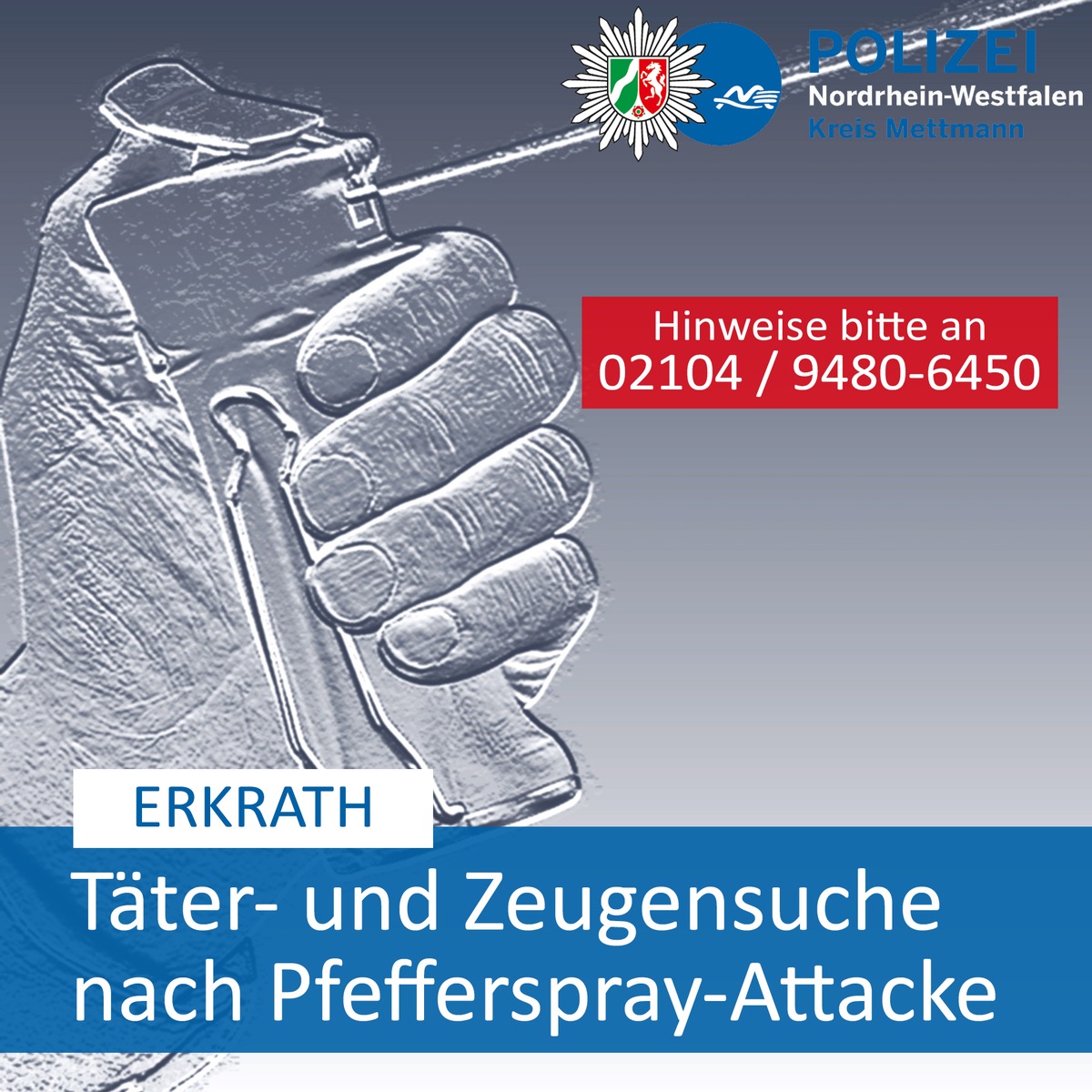 POL-ME: Täter- und Zeugensuche nach ungeklärter Pfefferspray-Attacke - Erkrath - 1909046