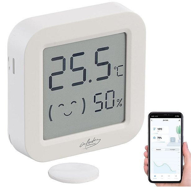 infactory Mini-Thermo-/Hygrometer, Komfort-Anzeige, LCD-Display, Bluetooth, App: Das Raumklima im Blick behalten, per App auch auf dem Smartphone