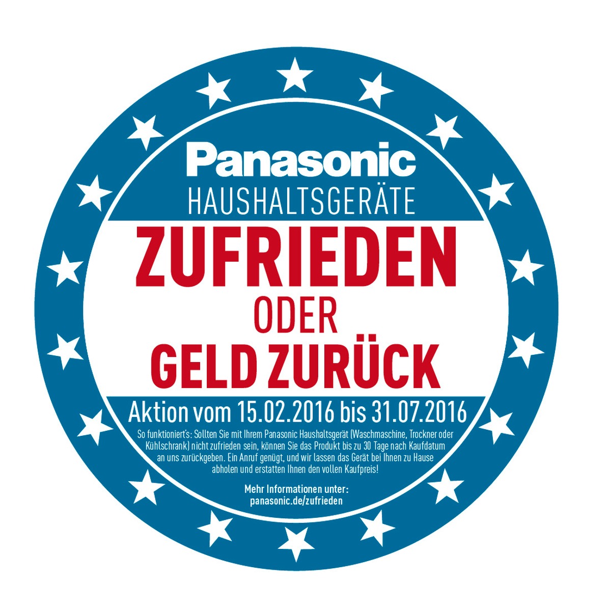 Geld-zurück-Garantie für Panasonic Haushaltsgroßgeräte im Aktionszeitraum vom 15.02. bis 31.07.2016 / Panasonic Waschmaschinen, Trockner und Kühlschränke können 30 Tage ohne Risiko getestet werden