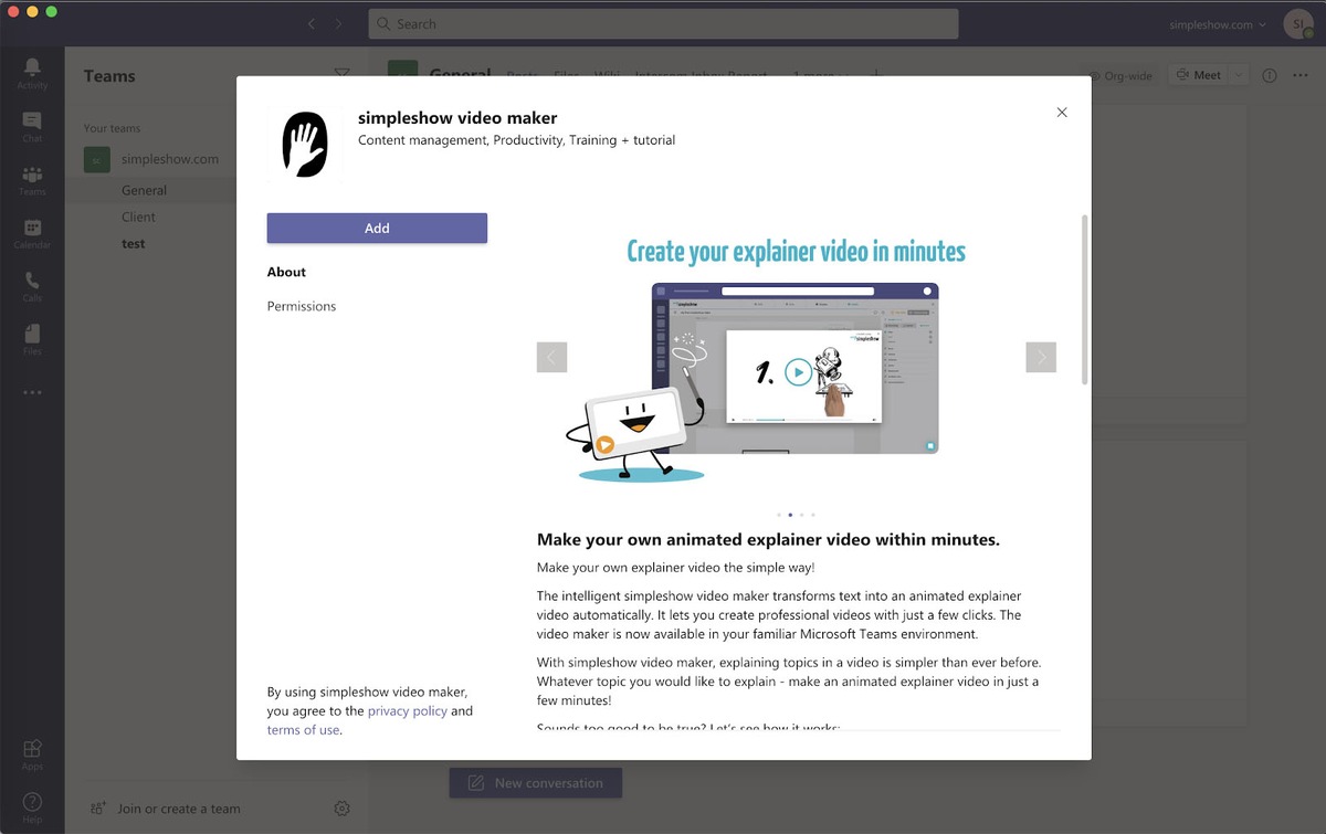 simpleshow video maker ermöglicht Erstellung animierter Erklärvideos direkt in Microsoft Teams