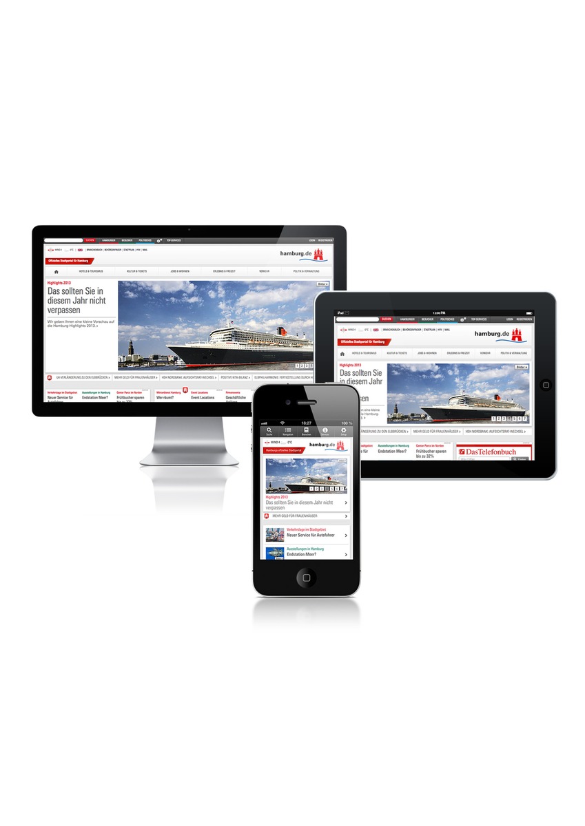 hamburg.de geht mit neuem Auftritt ins Netz / Hamburgs offizielles Stadtportal jetzt vollständig mobil - Nutzerorientierte Navigation - Bildschirmgerechte Darstellung durch Responsive Design (BILD)