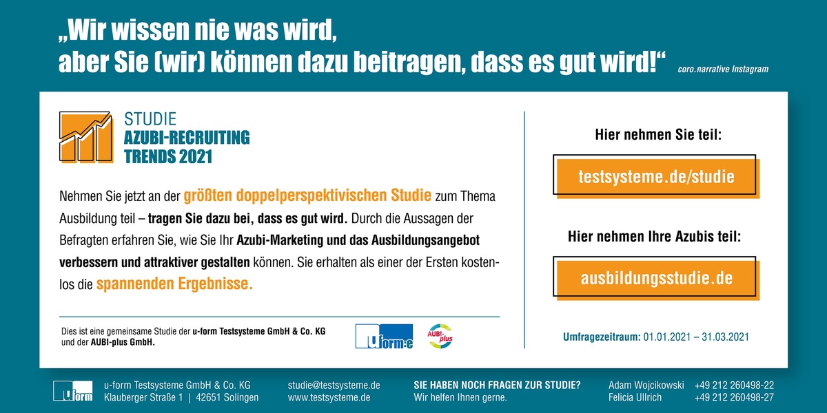 Start der Azubi-Recruiting Trends 2021 / Deutschlands größte doppelperspektivische Studie zur dualen Ausbildung nimmt Folgen der Pandemie in den Blick