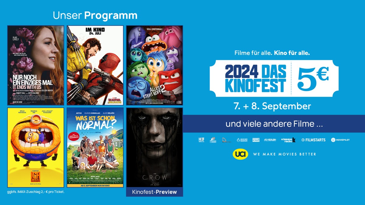 Das KINOFEST in den UCI Kinos / Am 7. und 8. September alle Filme fünf Euro