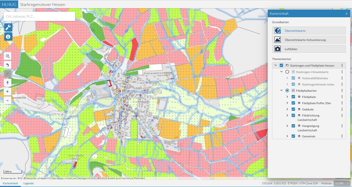 Hessenweit Starkregen-Risiken erkennen - HLNUG veröffentlicht alle Fließpfadkarten im Starkregenviewer