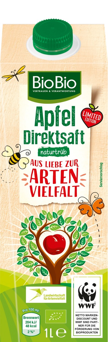 Für mehr Artenschutz: Apfelsaft mit &quot;Landwirtschaft für Artenvielfalt&quot;-Logo im Netto-Regal