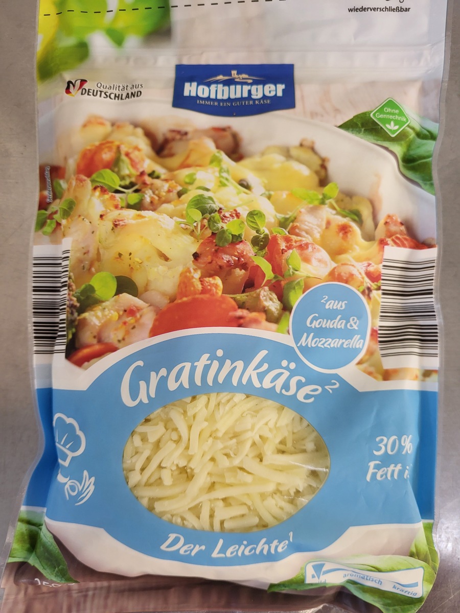 WICHTIGE KUNDENINFORMATION &quot;Hofburger&quot; Gratinkäse leicht, 250g / Die Milchwerke Oberfranken West eG informiert über einen Rückruf des Lebensmittels &quot;Hofburger&quot; Gratinkäse leicht, 250g