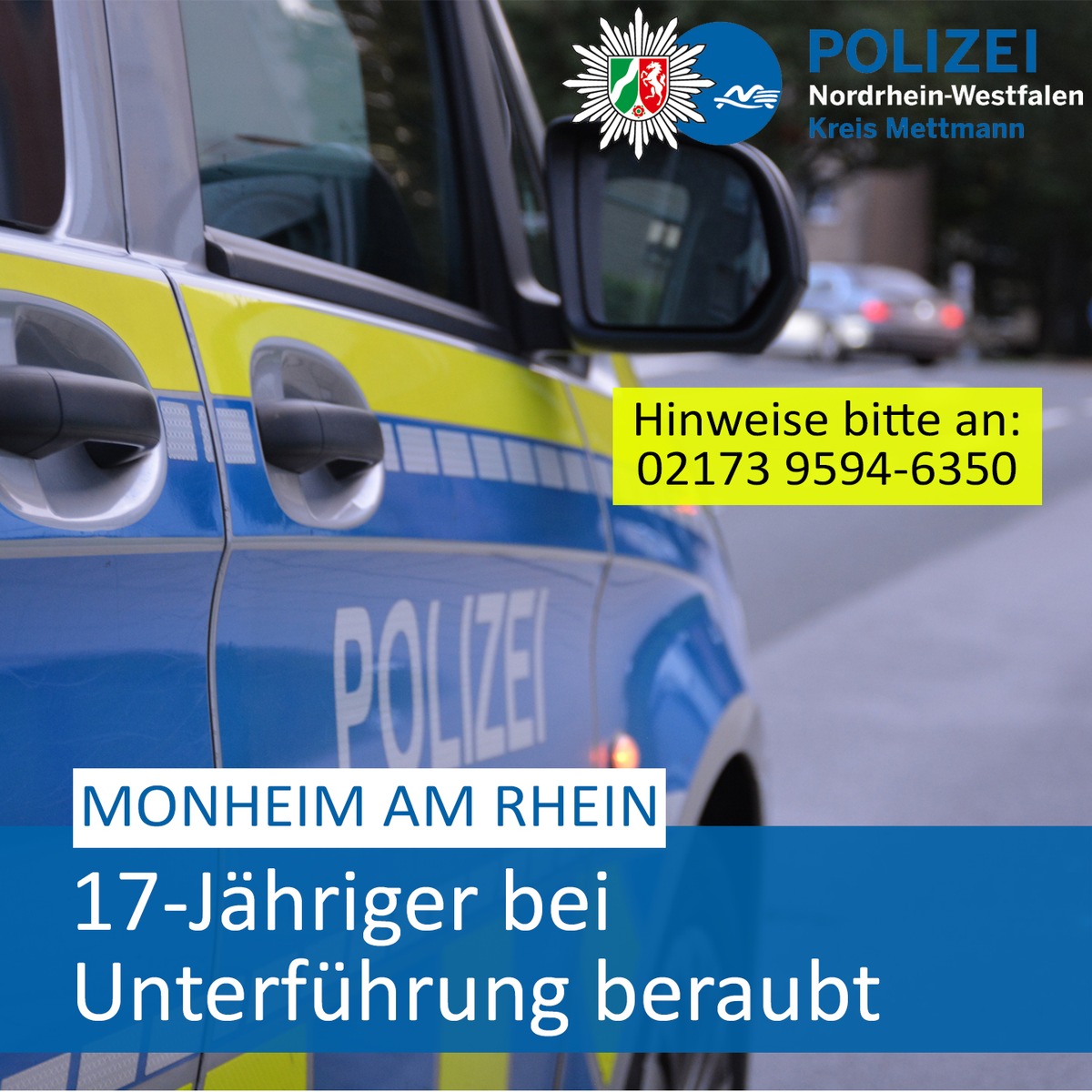 POL-ME: 17-Jähriger von mehreren Personen beraubt - Polizei bittet um Hinweise - Monheim am Rhein - 2405079