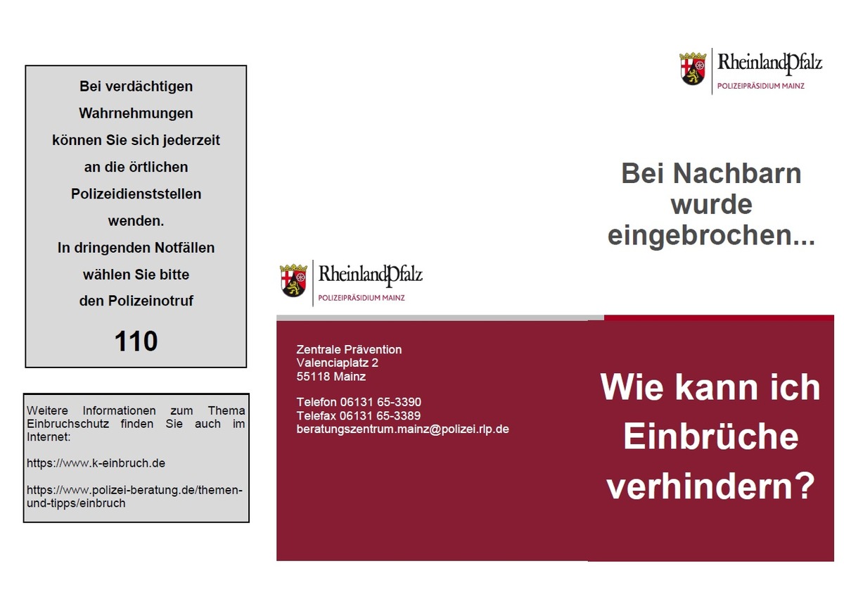 POL-PPMZ: Mainz-Innenstadt; Präventionstag der Mainzer Polizei gegen Wohnungseinbrüche am Montag dem 25.03.2024