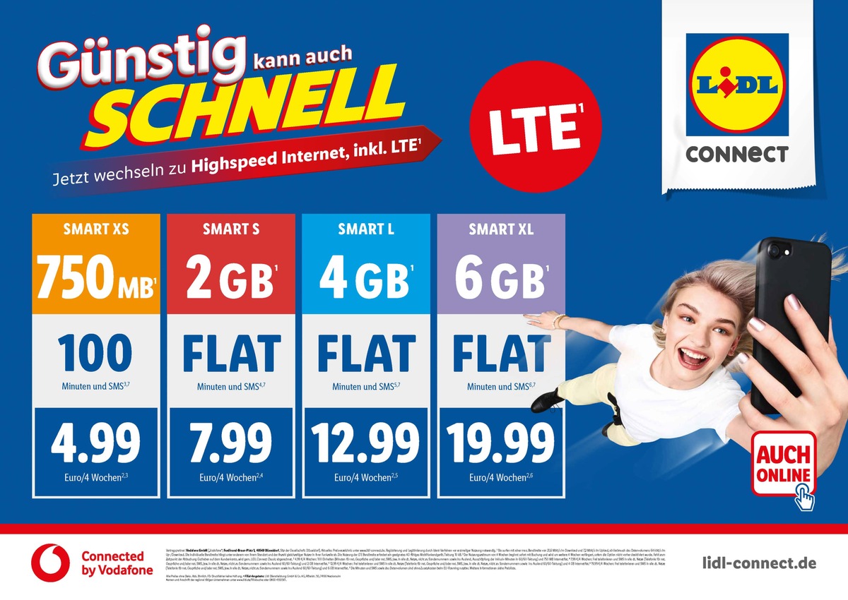 LTE bei Lidl Connect - connected by Vodafone: schnell surfen zum gewohnt günstigen Preis / Lidl Connect ermöglicht mit Mobilfunkstandard 4G Surfen und Telefonieren mit noch höherer Netzabdeckung (FOTO)