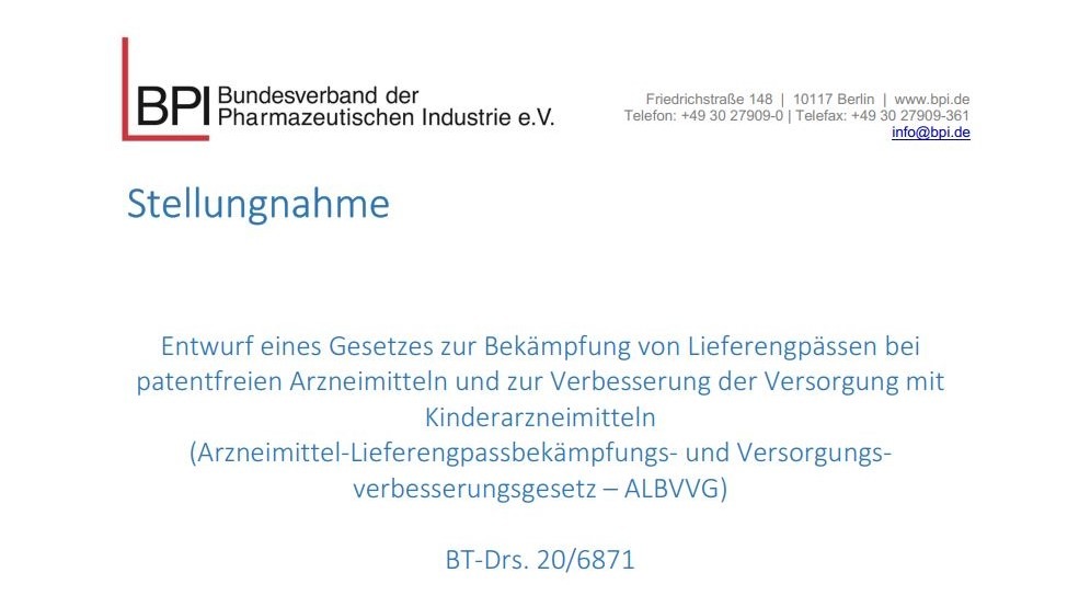 BPI zum ALBVVG-Gesetzgebungsverfahren: Jetzt die Chance im Kampf gegen Arzneimittel-Engpässe nutzen!