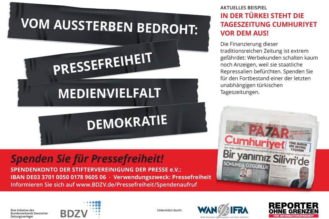 Zum Internationalen Tag der Pressefreiheit / Spendenaufruf für unabhängige türkische Tageszeitung &quot;Cumhuriyet&quot;