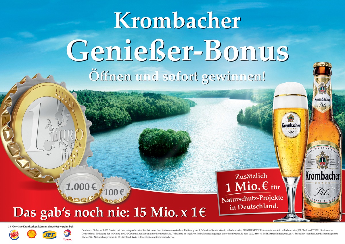 Der Krombacher Genießer-Bonus / Das gab&#039;s noch nie: 15 Mio. x 1 EUR bar auf die Hand (FOTO)