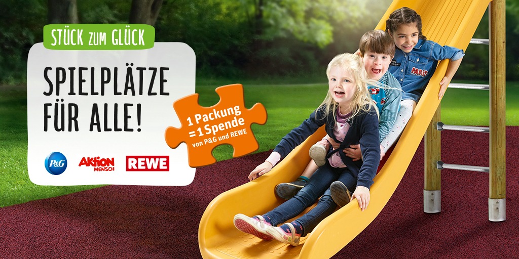 Start von bundesweiter Spendenaktion: &quot;Stück zum Glück&quot; baut Spielplätze für alle! / REWE, Procter &amp; Gamble und die Aktion Mensch unterstützen Kinder mit und ohne Behinderung im gemeinsamen Spiel