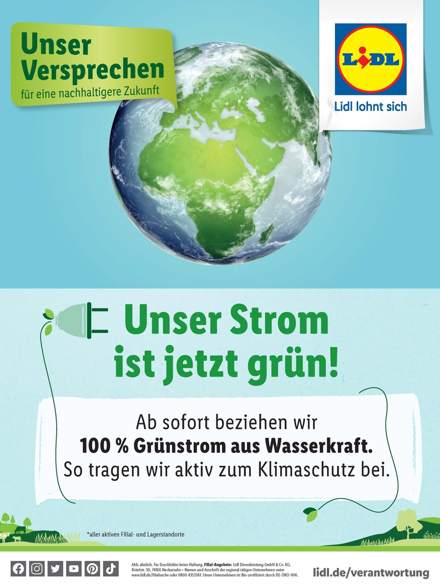 Lidl stellt ab sofort auf 100 Prozent Grünstrom um / Lidl verfolgt ambitionierte Klimastrategie und macht die weltweit anerkannten Science Based Targets zur Grundlage seiner Klimaziele