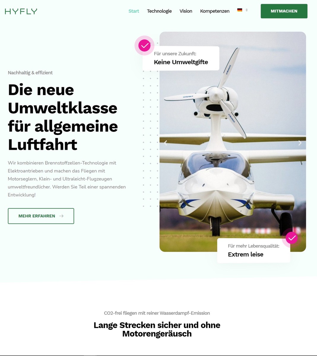 PRESSEMELDUNG: Keine CO2 Emission, kein Motorenlärm - Fliegen mit Wasserstoff-Elektro-Antrieb &quot;Made in Germany&quot;