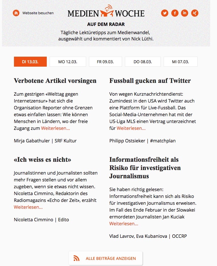 MEDIENWOCHE neu mit täglichem Newsletter