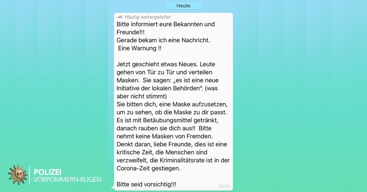 POL-HST: Kettenbrief warnt vor vermeintlichen Betrügern mit betäubungsmittelversetzten Masken