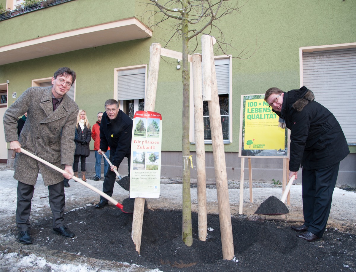 Auftakt der DFV-Umwelt-Initiative: &quot;Wir pflanzen Zukunft&quot; / Staatssekretär Gaebler vom Berliner Senat, Bezirksstadtrat Blesing und DFV pflanzen im Rahmen von Zukunft Stadt &amp; Natur ersten ZukunftsBaum (BILD)