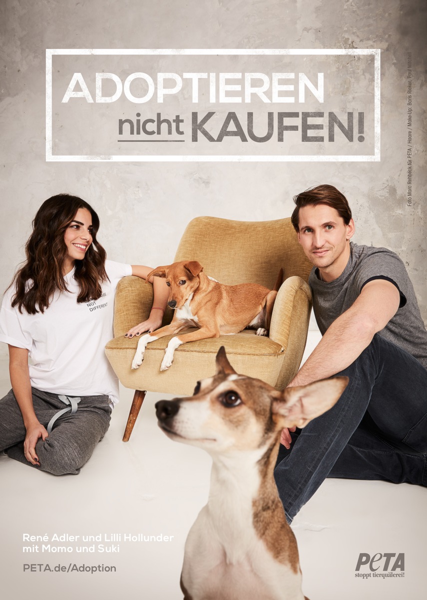 René Adler und Lilli Hollunder appellieren in neuer PETA-Kampagne: Tiere adoptieren, nicht kaufen!