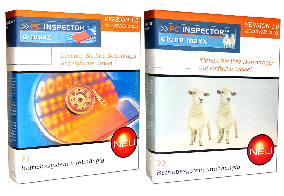 Ab Juli 2003 sind die neuen kostenlosen Vollversionen von PC Inspector(TM) e-maxx und PC Inspector (TM) clone maxx bei Convar zum Download erhältlich