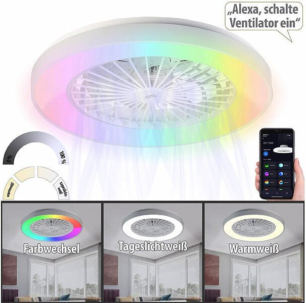 Sichler Haushaltsgeräte 2in1-WLAN-Deckenleuchte &amp; Ventilator VT-900.led, RGB-CCT-LEDs, 30 Watt, 1.250 lm, App: Design-Deckenventilator mit dimmbaren LEDs - smart bedienbar