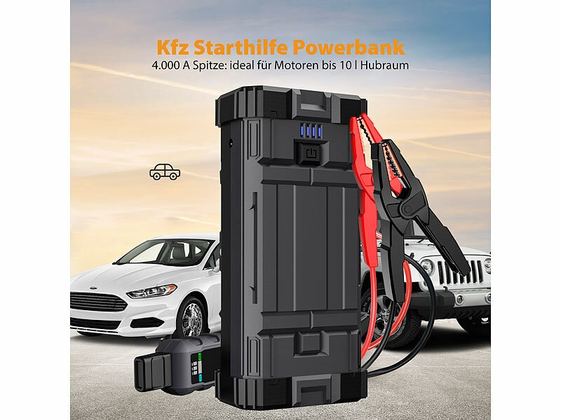 Schnelle Hilfe bei leerer Auto-Batterie - lädt auch Mobilgeräte: revolt Kfz-Starthilfe-Powerbank PB-155.kfz bis 10l Hubraum, 4.000A, 19,2Ah Akku