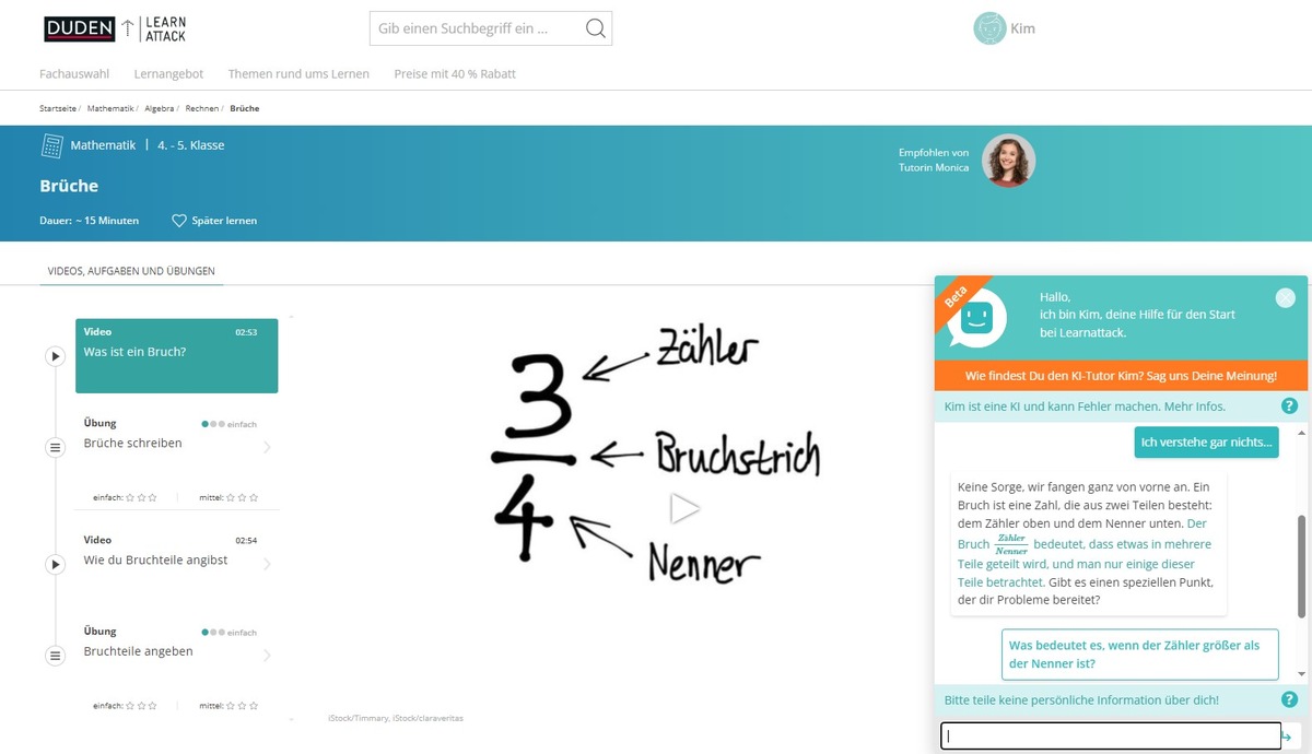 Jederzeit individuelles Lerncoaching - KI-Tutor Kim hilft per Chat beim Lernen