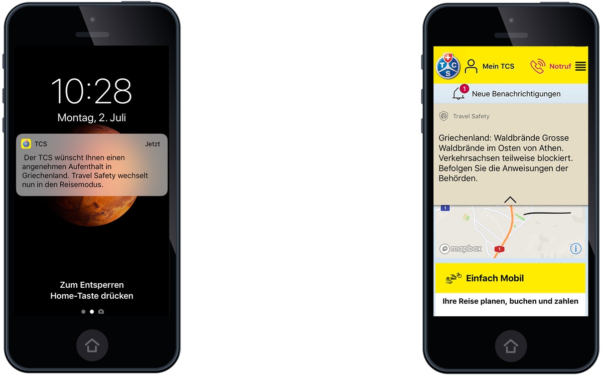 Die Funktion &quot;Travel Safety&quot; der TCS App erfolgreich im Einsatz