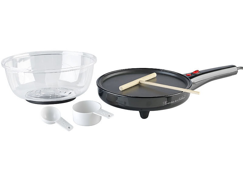 Rosenstein &amp; Söhne 3in1-Crêpe-, Popcornmaker und elektrische Pfanne, 800 Watt, Ø 20 cm: Schmackhafte Crêpes, knuspriges Popcorn und deftige Speisen zubereiten