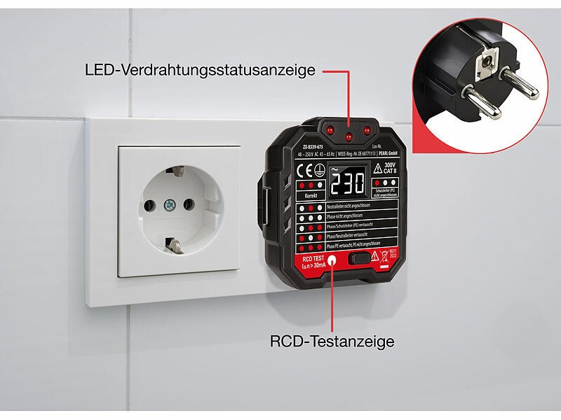 revolt Steckdosentester mit LCD-Display, RCD-Test, LED-Anzeige, 48-250 Volt: Steckdosen schnell und unkompliziert überprüfen