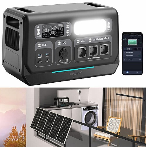 Solarstrom speichern und auch ins Hausnetz einspeisen: revolt 2in1-On-Grid-Powerstation &amp; Solar-Konverter HSG-2048, 2.048Wh, USV, App, 2.200 Watt