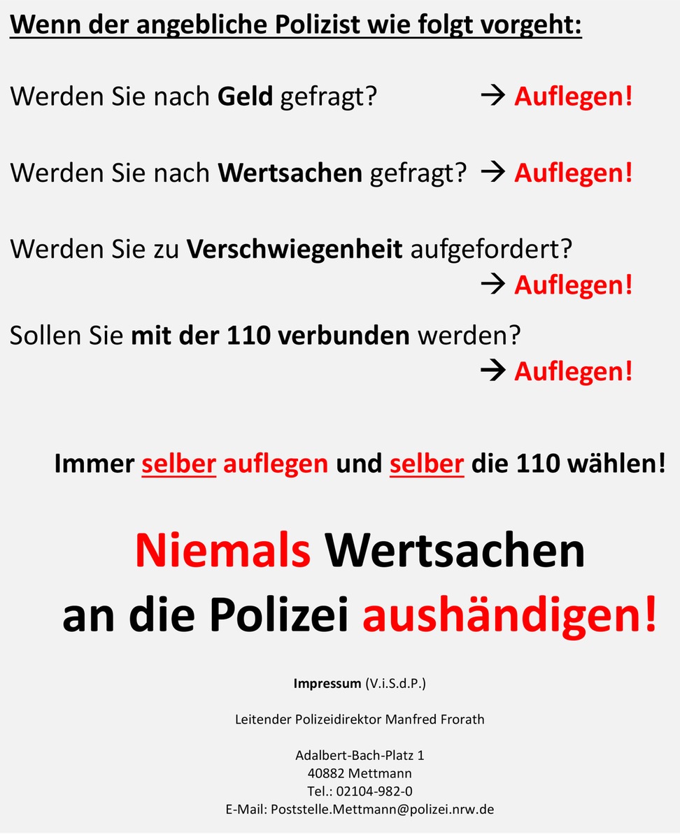 POL-ME: Nur zwei Senioren hatten bisher noch nichts von &quot;falschen Polizeibeamten&quot; gehört - Aktionsmeldung 1 - Hilden / Kreis Mettmann - 1905076