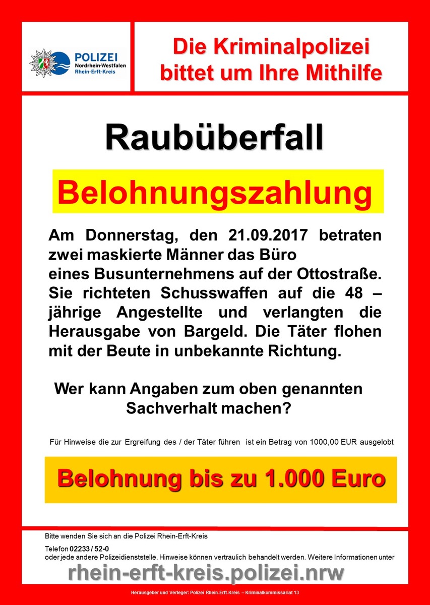 POL-REK: 171104-4: Räuber flüchteten unerkannt - Belohnung ausgelobt. Elsdorf