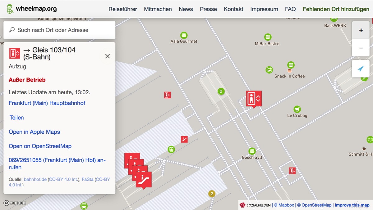 Bundesweit Informationen zu Aufzugsstörungen auf der Online-Karte Wheelmap verfügbar