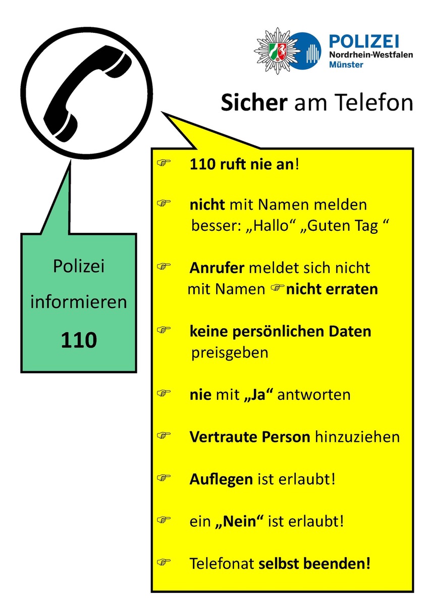 POL-MS: Warnung vor Betrügern am Telefon - 87-Jähriger übergibt 50.000 Euro an falschen Polizisten