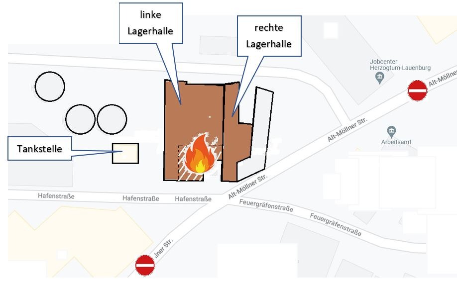 FW-RZ: Feuer in einem Lieferservice, im Möllner Hafenbereich