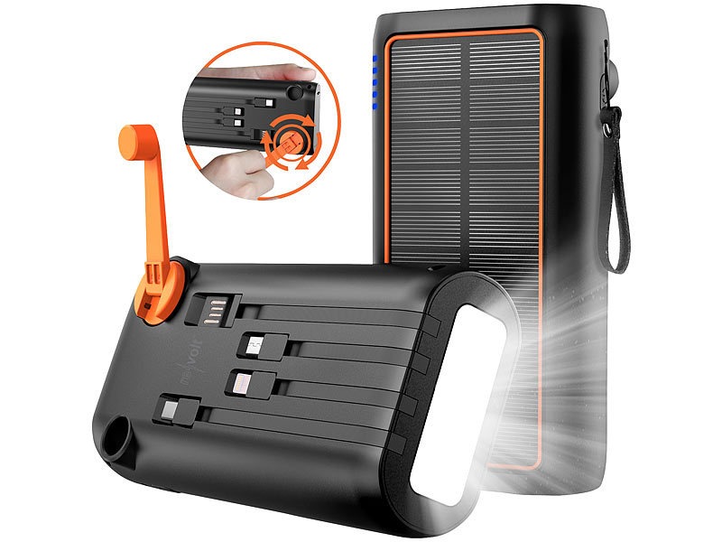 revolt Kurbel-Dynamo-Solar-Powerbank PB-200.k, 30.000mAh, 22,5 Watt PD, integr. Ladekabel: Smartphone &amp; Co. per Solarpanel oder Handkurbel mit Strom versorgen