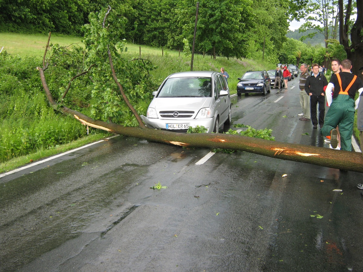 POL-HOL: Auswirkungen des gestrigen Sturms und Gewitterschauers: Baum quer auf Fahrbahn gestürzt - Herausgedrückter Gullydeckel beschädigt vorbeifahrenden PKW -