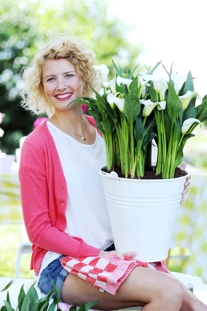 Überraschend draußen: Zimmerpflanzen zur Sommerfrische auf Balkon und Terrasse / Top(f)model: Zauberhafte Calla sorgt für edles Balkondesign (BILD)