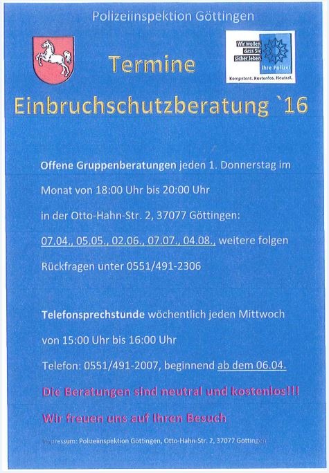 POL-GÖ: (184/2016)  Beratungsoffensive der Polizei für wirksamen Einbruchschutz - Volles Haus zur Auftaktveranstaltung, Zusatztermine am 18. April und 9. Mai, Termin an Himmelfahrt (05.05.) entfällt!