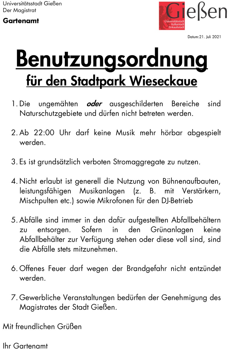 POL-GI: Benutzungsordnung nach den Lahnwiesen auf für Stadtpark Wieseckaue erlassen- Gespräche und Kontrollen angekündigt