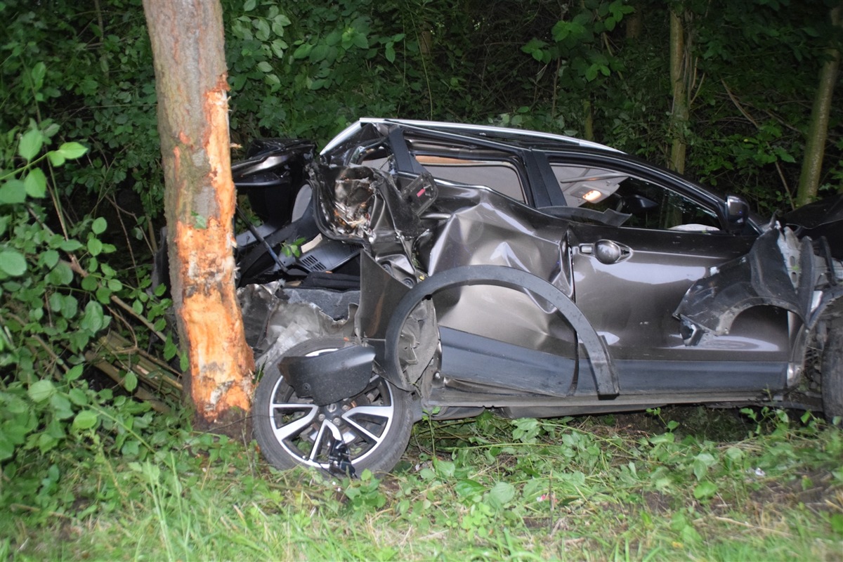 POL-HF: Zusammenstoß mit Rehwild- Fahrzeug schleudert gegen Baum